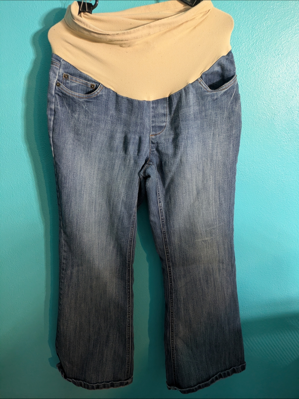 Motherhood Maternity Blue Denim Boot Cut Jeans with Cream‎ Waist Panel